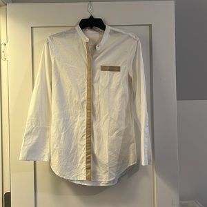 white cotton J Crew blouse with tan trim